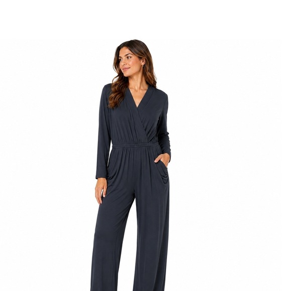 Michael Kors Pants - Michael Kors Jumpsuit Women Medium Navy Wrap V-Neck Long Sleeve Stretch Jersey